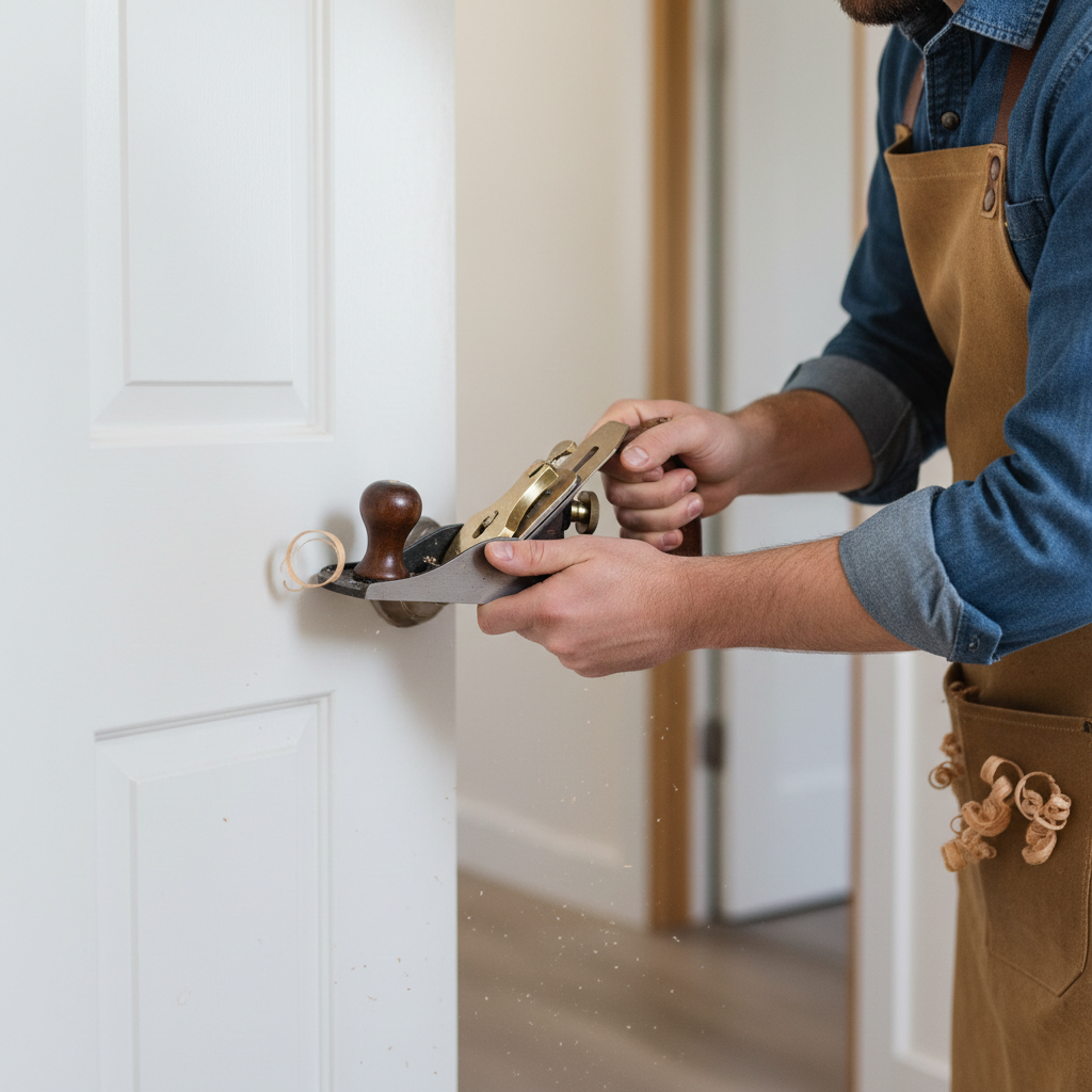 Homeowner carefully planing the edge of a white interior door to fix a sticking problem