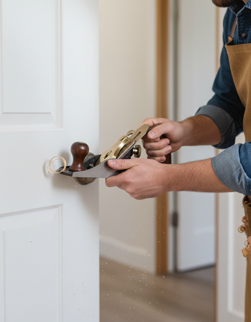 Homeowner carefully planing the edge of a white interior door to fix a sticking problem