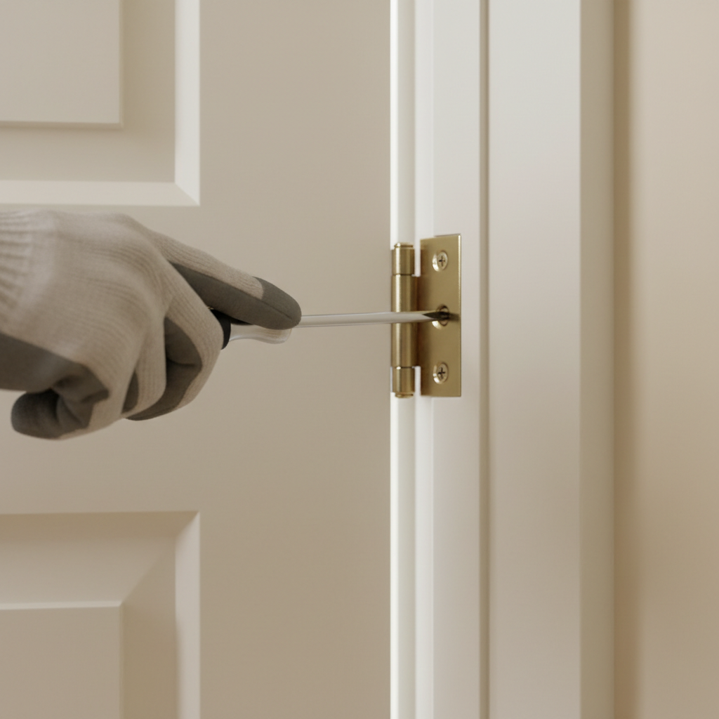 Homeowner tightening a loose door hinge on an interior door to fix it from sticking.