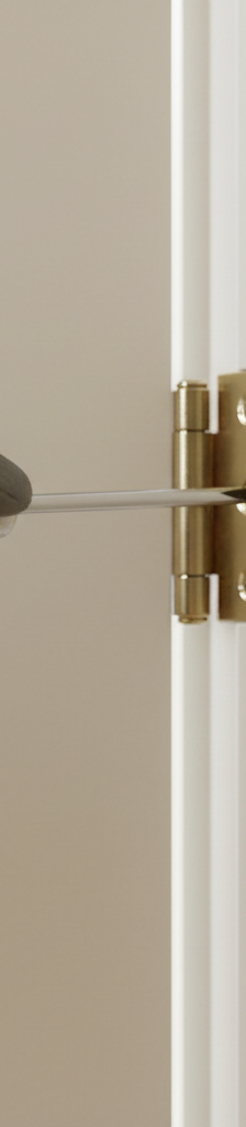 Homeowner tightening a loose door hinge on an interior door to fix it from sticking.