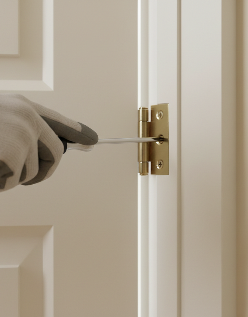 Homeowner tightening a loose door hinge on an interior door to fix it from sticking.