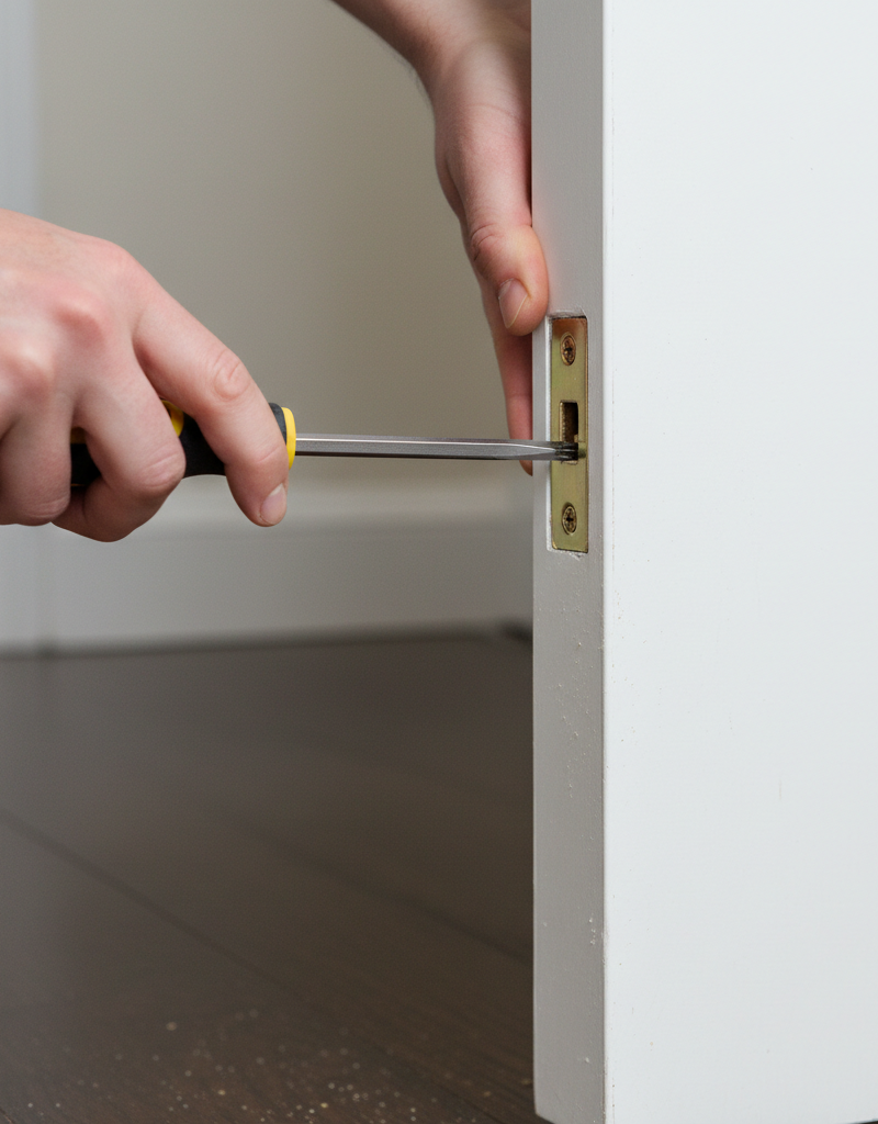 Homeowner tightening a hinge screw on a wooden interior door to fix sticking.
