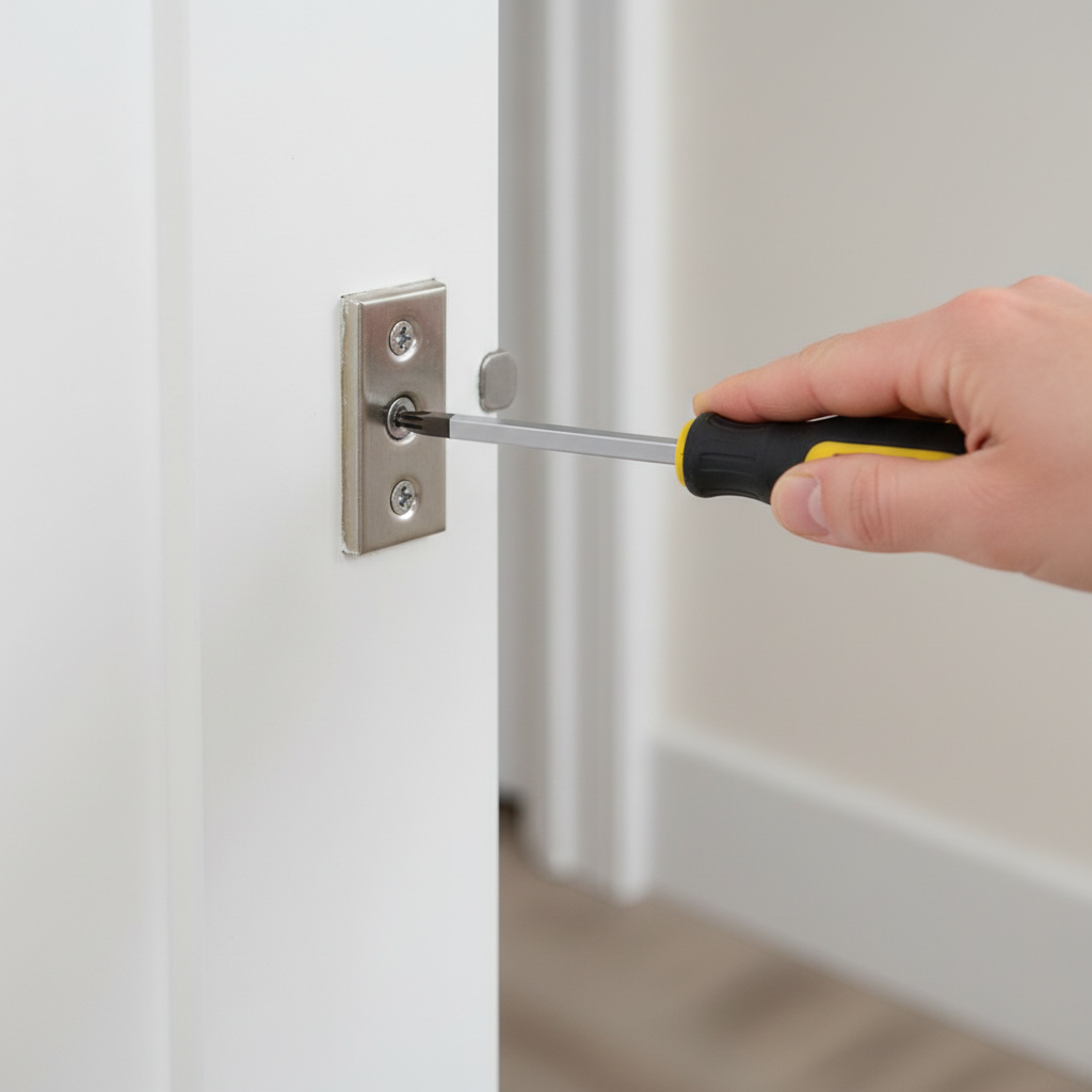 Homeowner tightening a loose hinge screw on an interior door to fix it sticking.