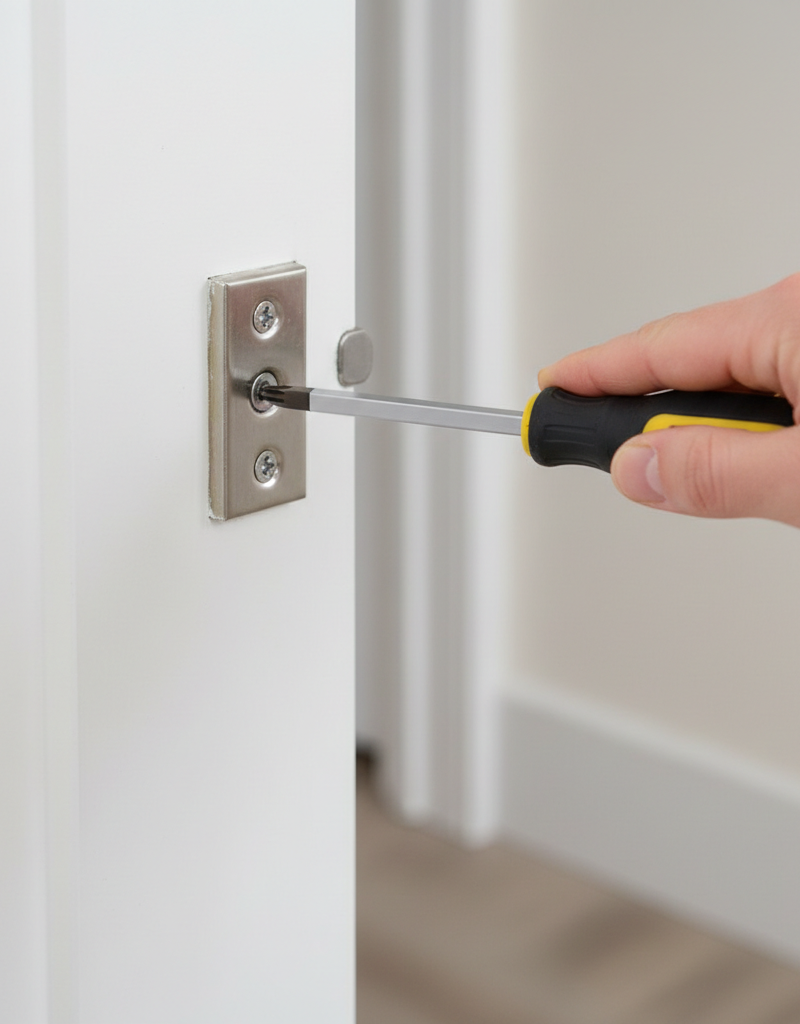Homeowner tightening a loose hinge screw on an interior door to fix it sticking.