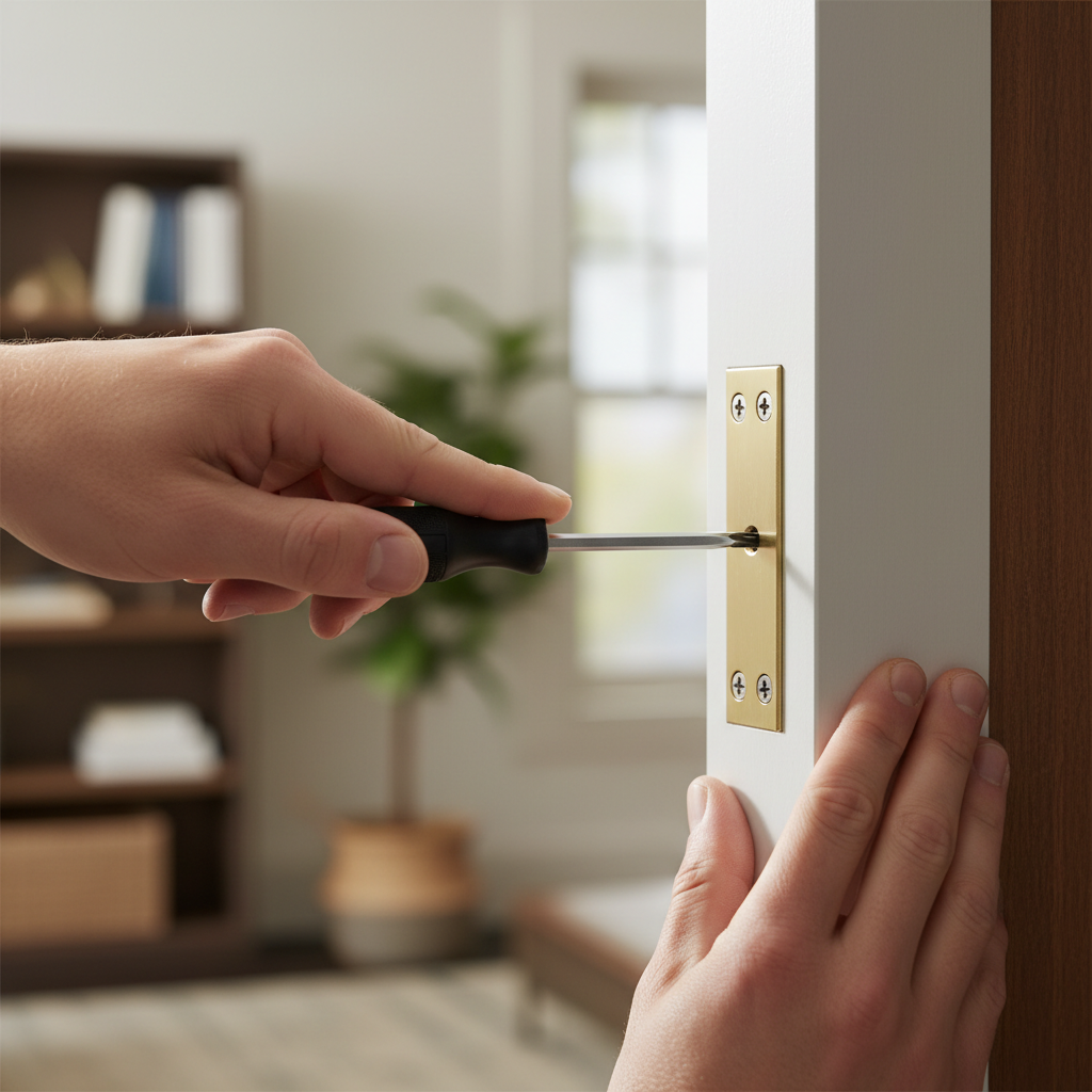 Homeowner tightening a loose hinge screw on an interior door to stop it from sticking.
