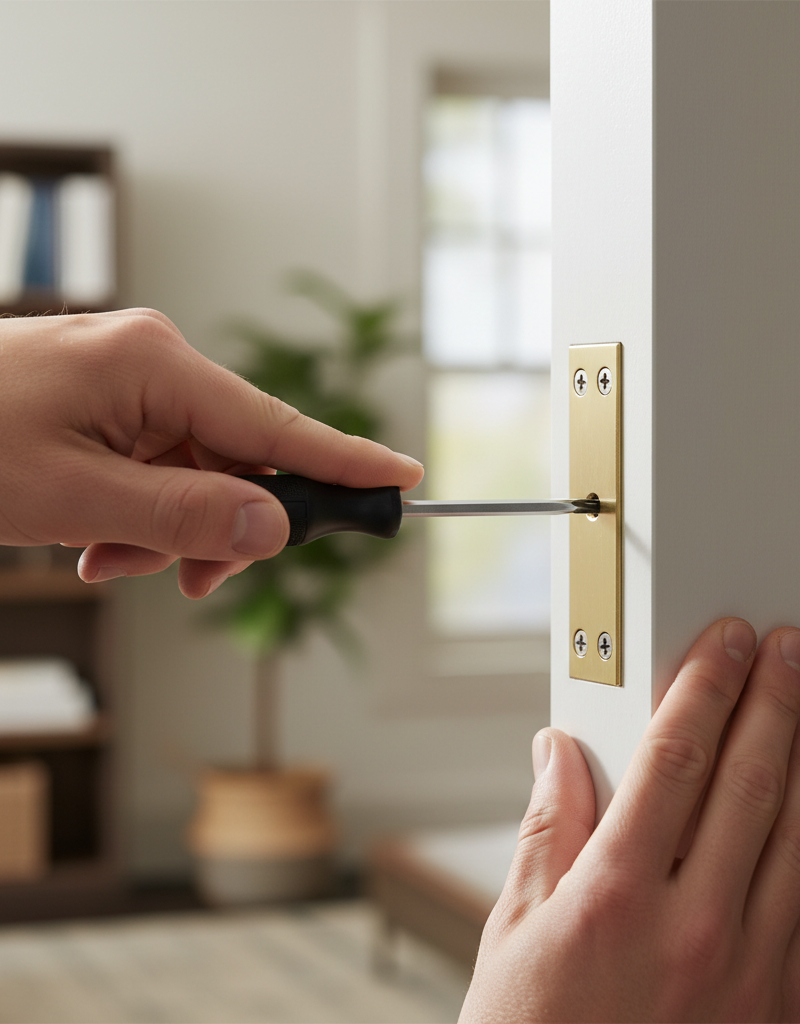 Homeowner tightening a loose hinge screw on an interior door to stop it from sticking.