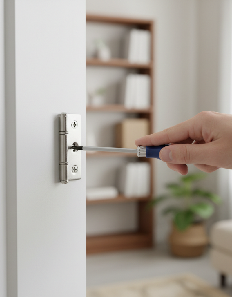 Homeowner tightening hinge screws on a white interior door to fix a sticky door