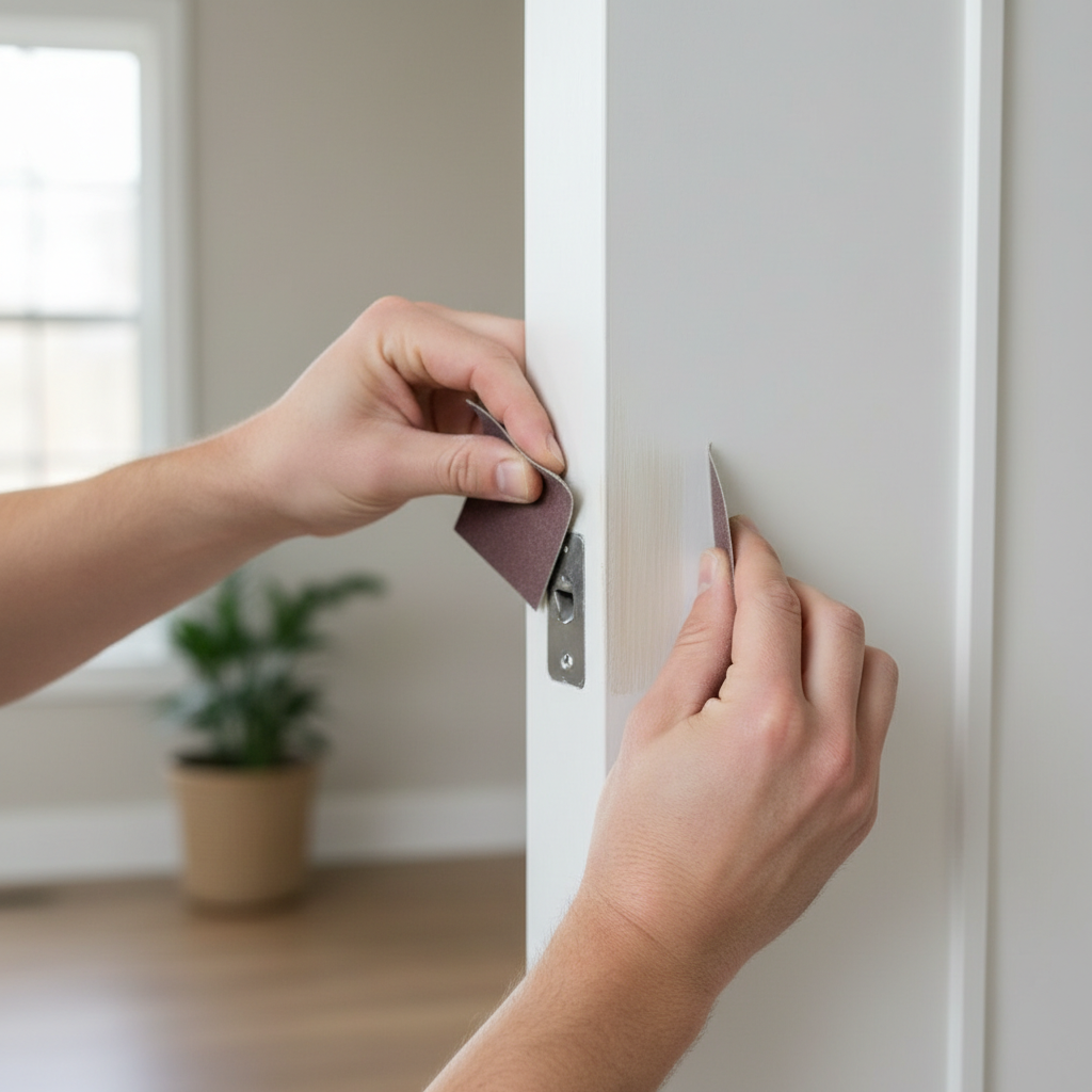 Homeowner sanding the edge of a sticky interior door to remove excess wood, with visible rub marks on the door frame.