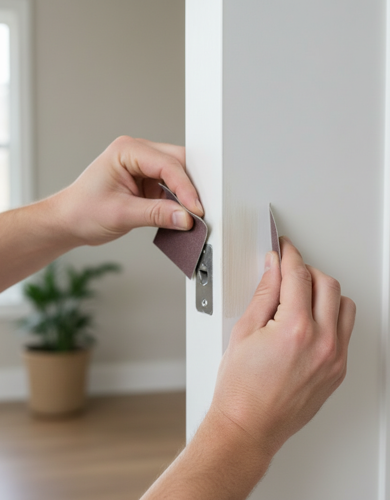 Homeowner sanding the edge of a sticky interior door to remove excess wood, with visible rub marks on the door frame.