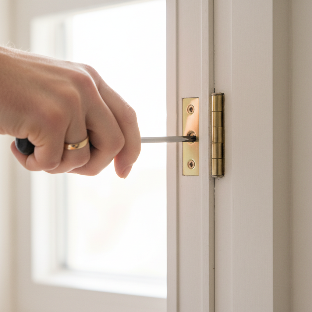 Homeowner tightening a loose hinge screw on an interior door with a screwdriver to fix sticking.