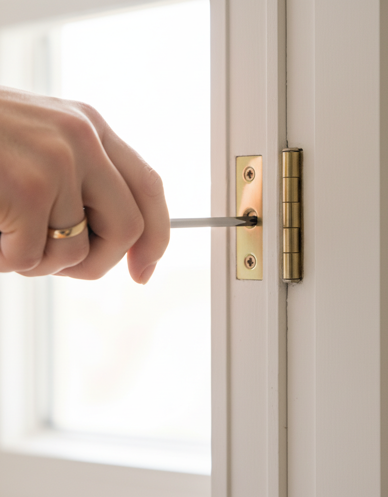 Homeowner tightening a loose hinge screw on an interior door with a screwdriver to fix sticking.