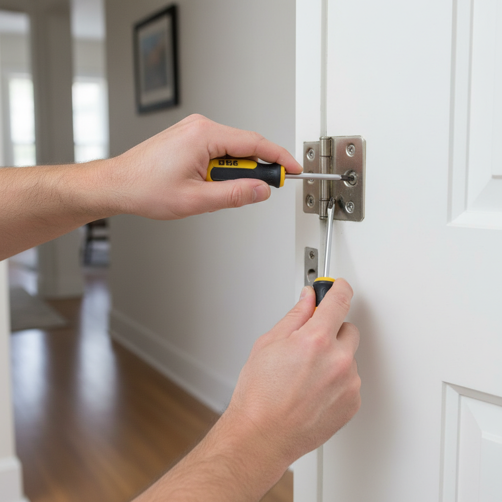 Homeowner tightening a loose hinge screw on an interior door to fix sticking