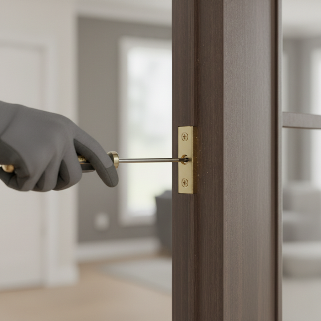 A homeowner tightening a door hinge screw with a Phillips head screwdriver to fix a sticking interior door.