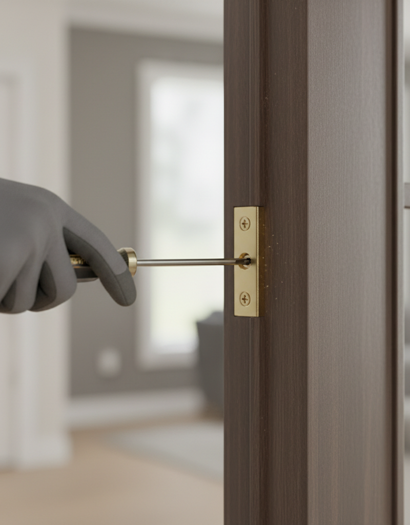 A homeowner tightening a door hinge screw with a Phillips head screwdriver to fix a sticking interior door.