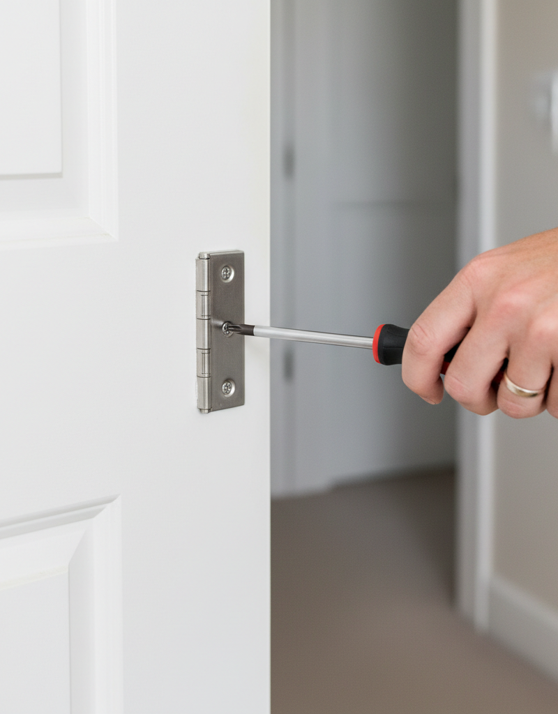 Close-up of a hand tightening a hinge screw on a white interior door frame.