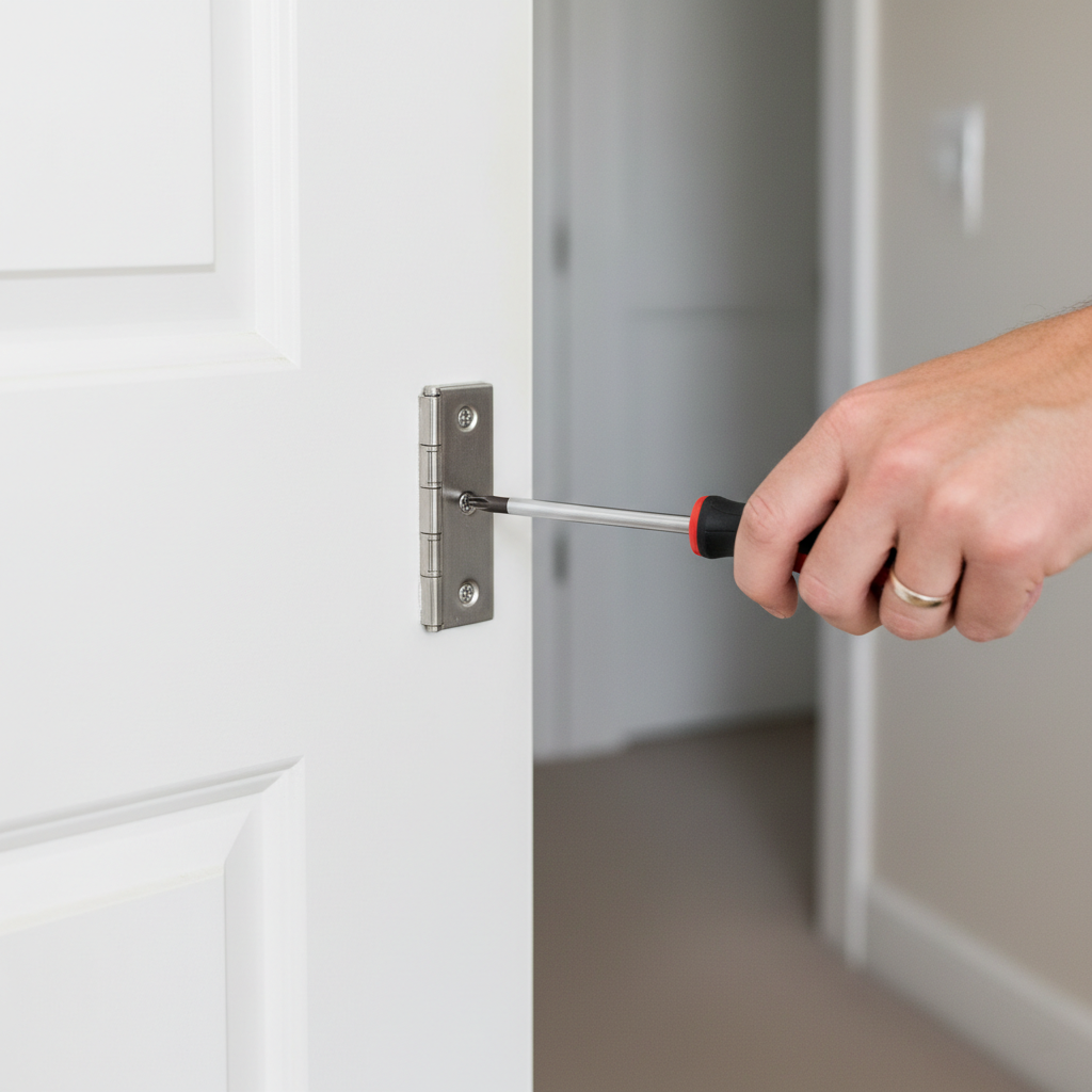Close-up of a hand tightening a hinge screw on a white interior door frame.