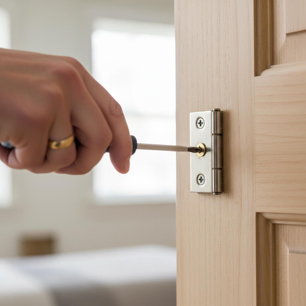 Homeowner tightening a hinge screw on a wooden interior door to fix sticking.