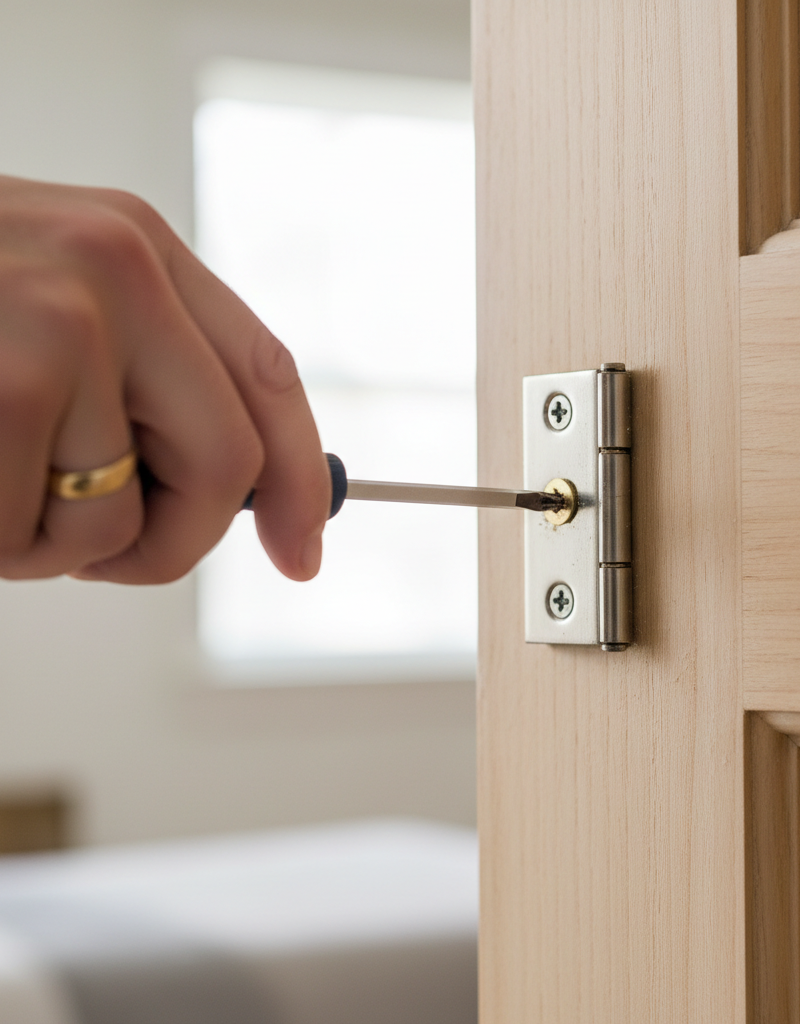 Homeowner tightening a hinge screw on a wooden interior door to fix sticking.