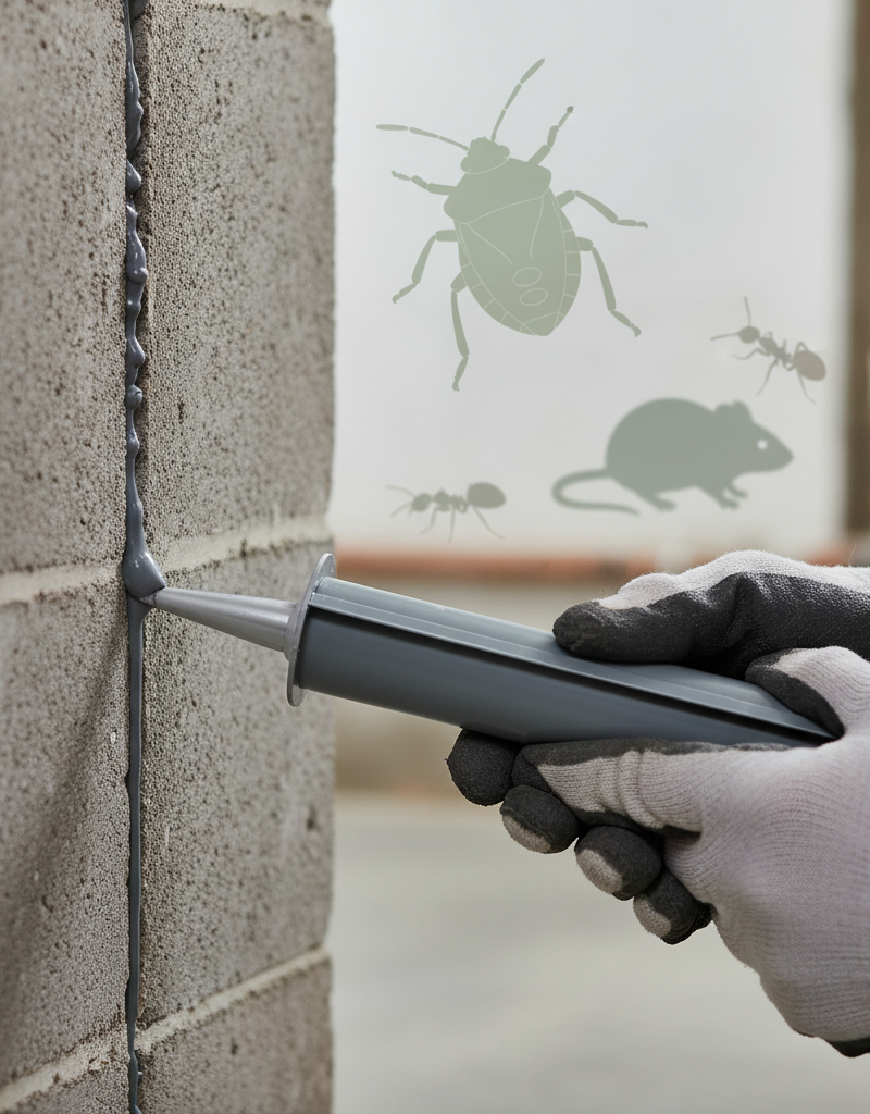 Homeowner sealing a foundation crack with a caulk gun to prevent invasive bugs and pests.