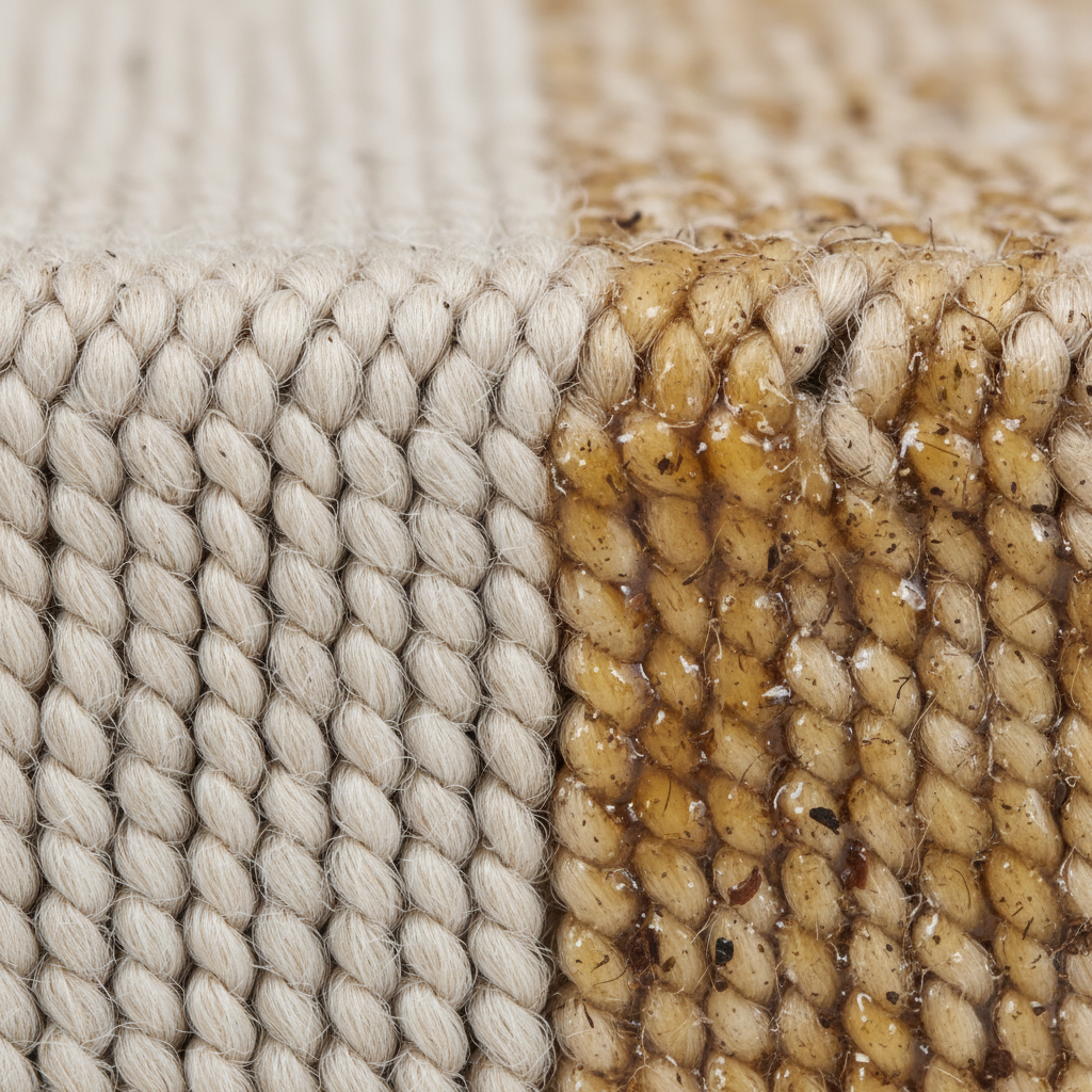 Close-up of carpet fibers, some clean and fluffy, others matted with a translucent, sticky residue trapping dirt particles.