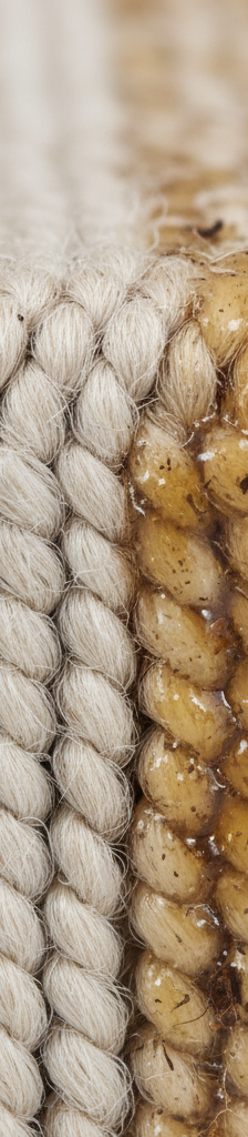 Close-up of carpet fibers, some clean and fluffy, others matted with a translucent, sticky residue trapping dirt particles.