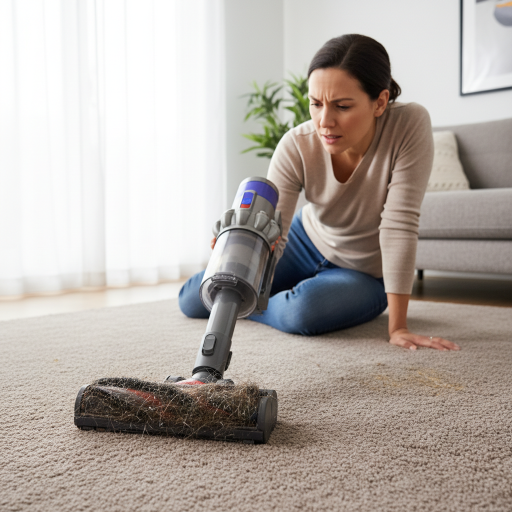 Homeowner inspecting a clogged vacuum cleaner brush roll, showing tangled hair and dirt