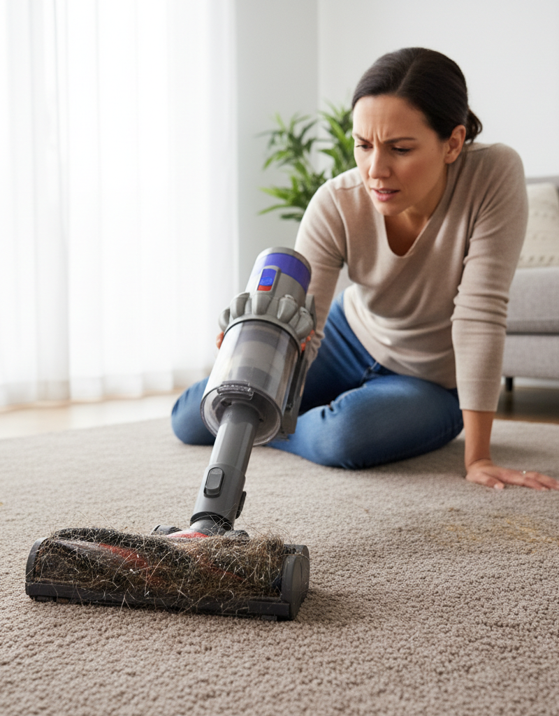Homeowner inspecting a clogged vacuum cleaner brush roll, showing tangled hair and dirt
