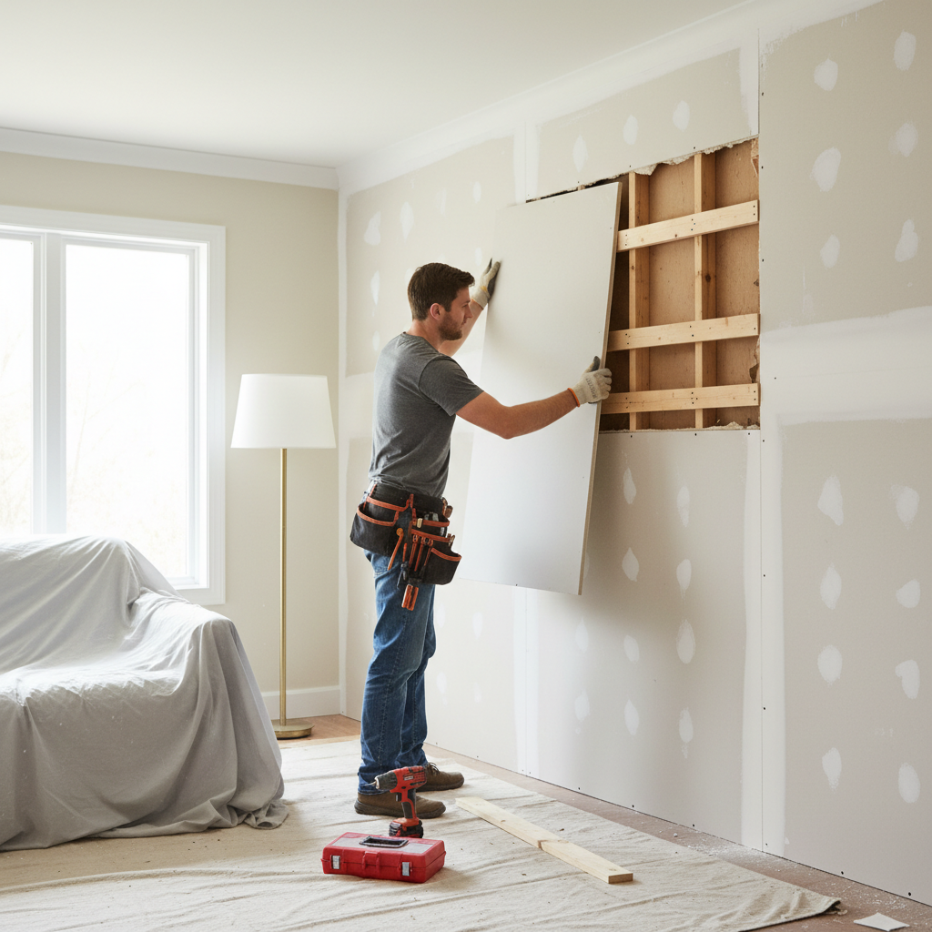 Homeowner installing a precisely cut drywall patch into a wall with visible wood support backers for repairing a large hole.