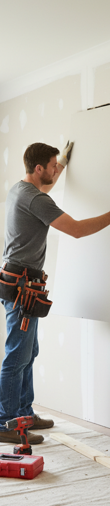 Homeowner installing a precisely cut drywall patch into a wall with visible wood support backers for repairing a large hole.