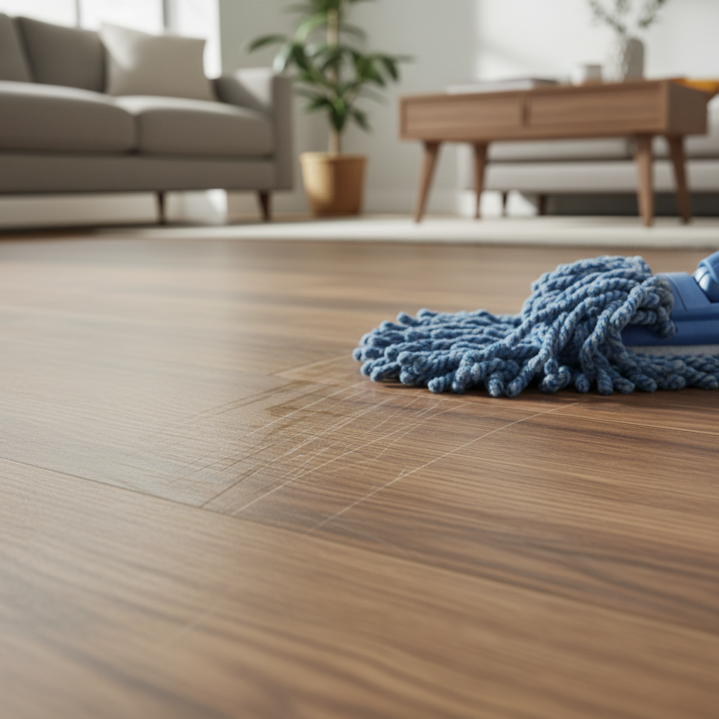 Close-up of LVP flooring with invisible scratches, a microfiber mop cleaning the surface.