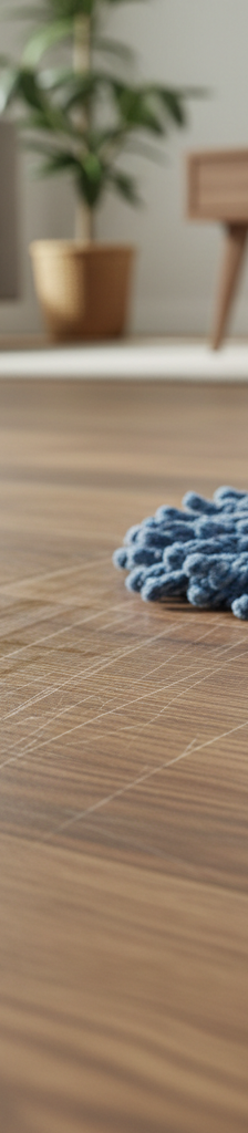 Close-up of LVP flooring with invisible scratches, a microfiber mop cleaning the surface.