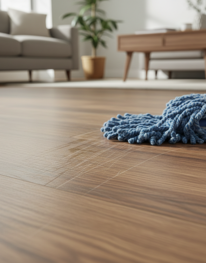 Close-up of LVP flooring with invisible scratches, a microfiber mop cleaning the surface.