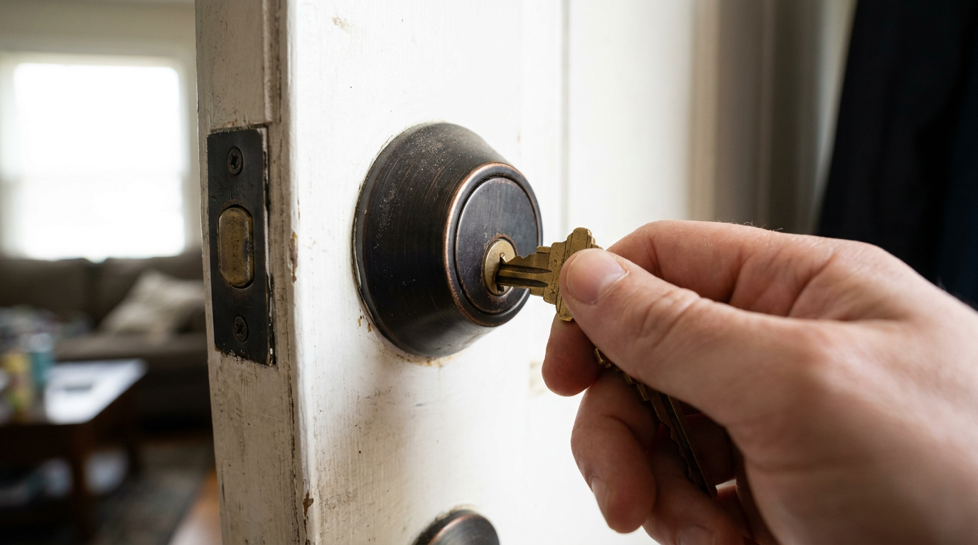 A brass key partially inserted into a dark-colored deadbolt lock, unable to go in all the way.