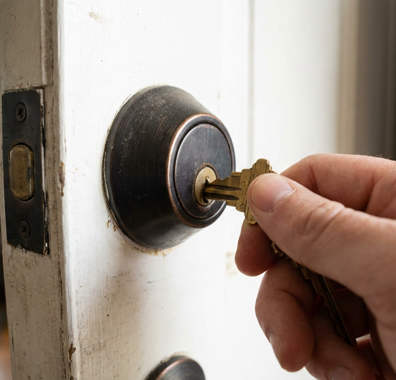 A brass key partially inserted into a dark-colored deadbolt lock, unable to go in all the way.