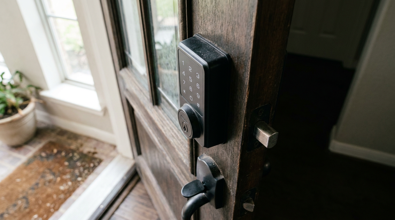 A matte black electronic keypad deadbolt on a front door that is not working.
