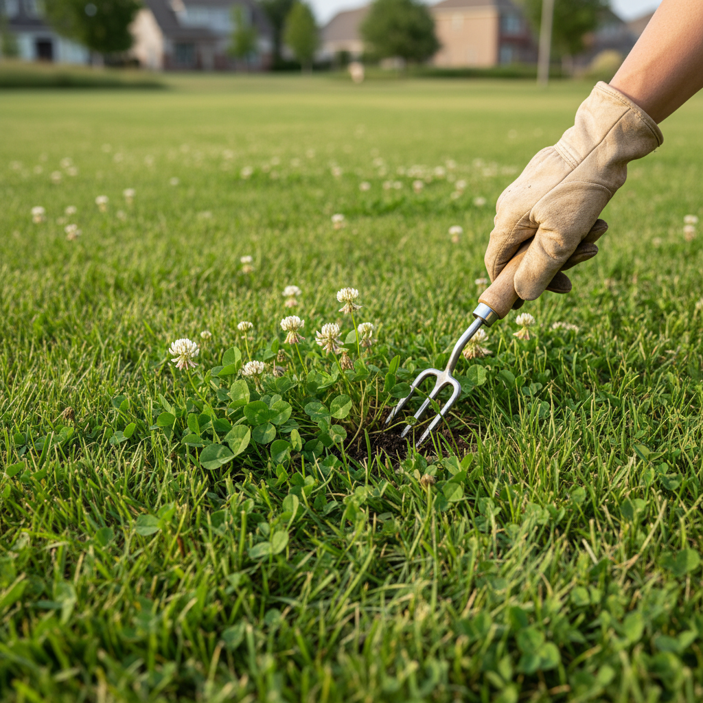 Homeowner's hand carefully weeding clover from a vibrant green lawn with a small trowel.