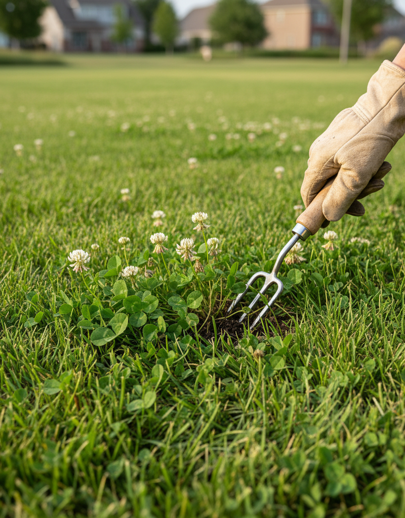Homeowner's hand carefully weeding clover from a vibrant green lawn with a small trowel.