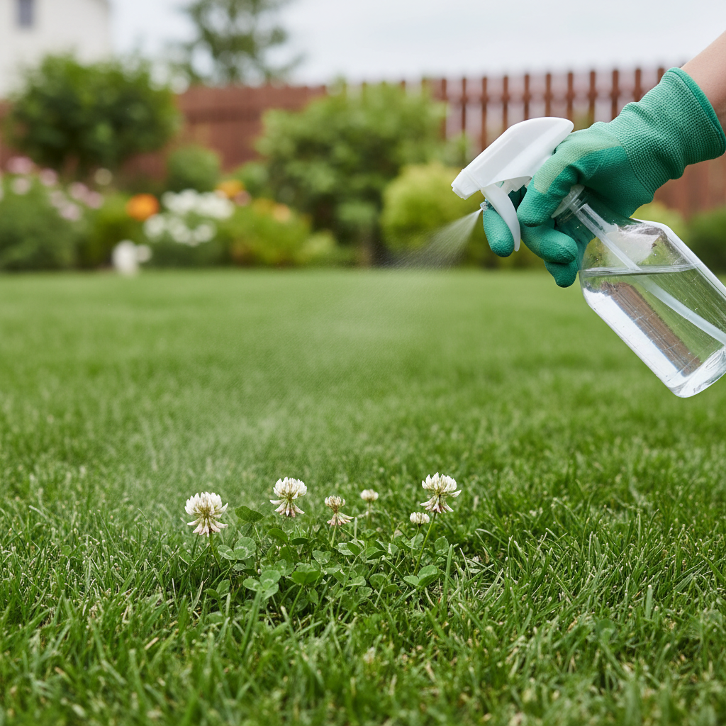 Homeowner spot-treating clover in a green lawn with a spray bottle, wearing gloves.