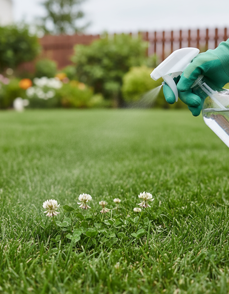 Homeowner spot-treating clover in a green lawn with a spray bottle, wearing gloves.