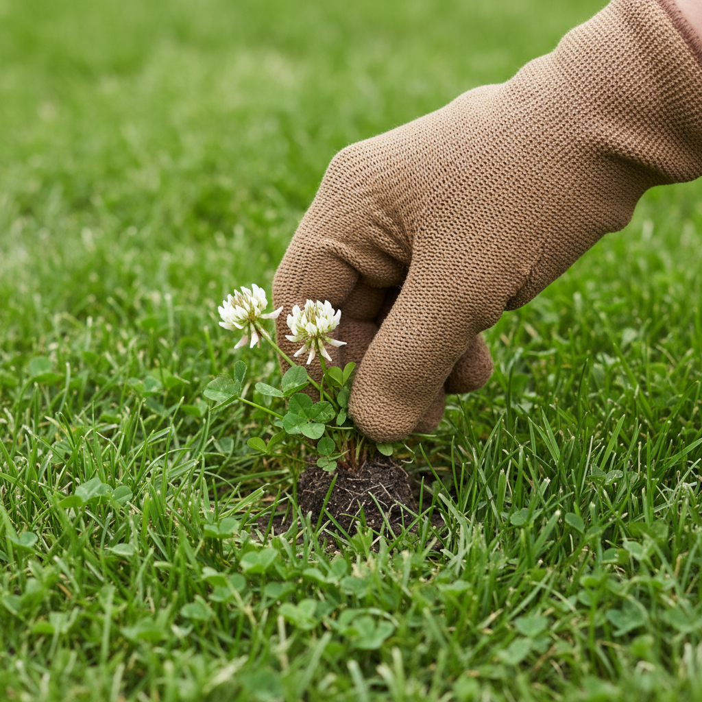 Hand gently pulling a patch of white clover from a vibrant green lawn to illustrate natural weed removal.