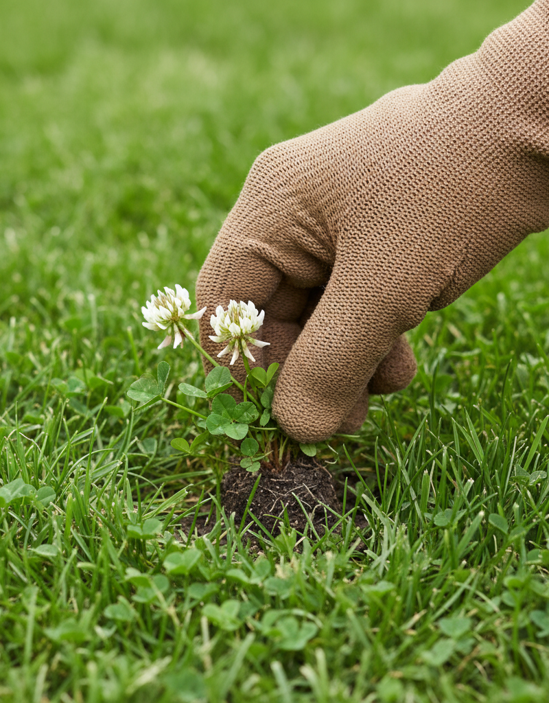 Hand gently pulling a patch of white clover from a vibrant green lawn to illustrate natural weed removal.