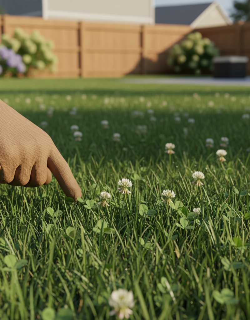Homeowner demonstrating how to identify clover in a healthy green lawn.
