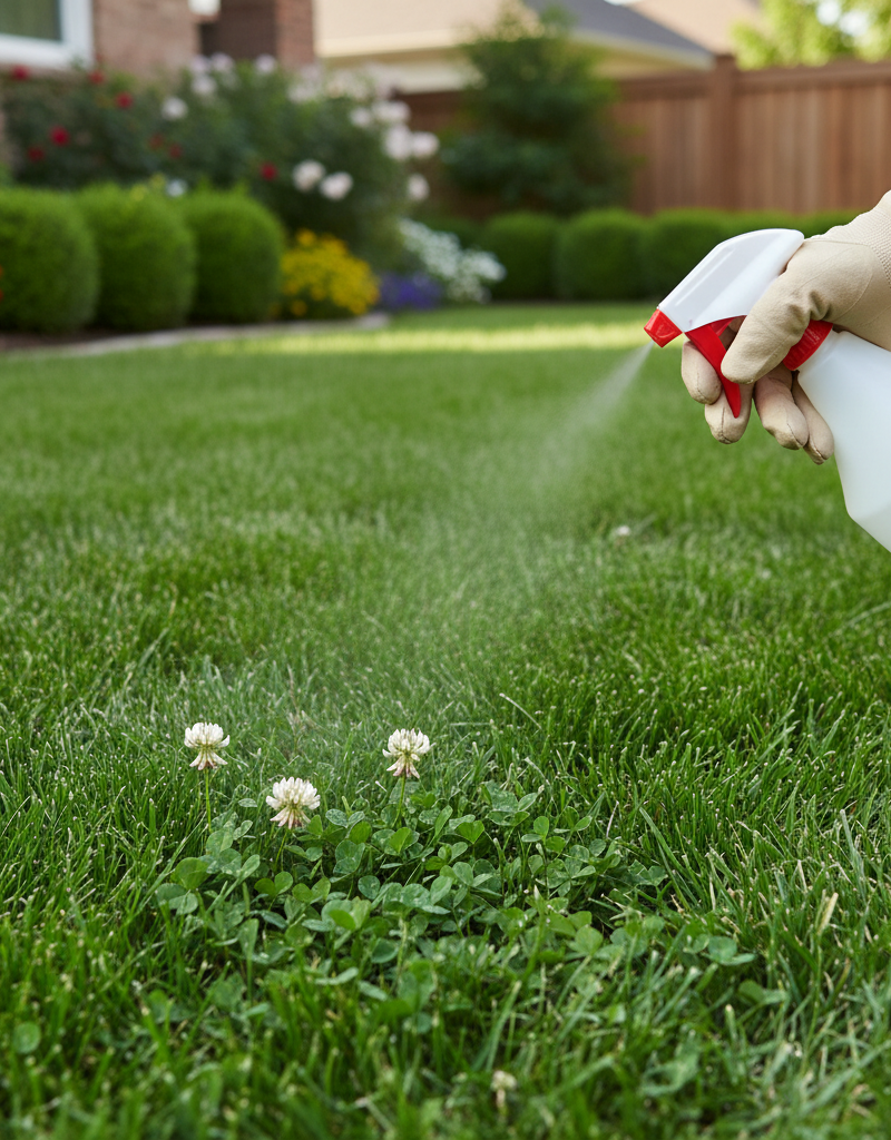 Homeowner carefully spot-treating clover in a lush green lawn with a garden sprayer