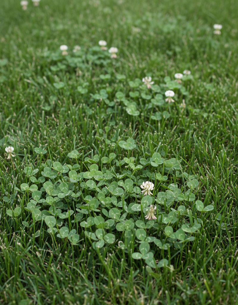 Close-up of a green lawn with patches of white clover, showing the contrast between the desirable grass and the weed.