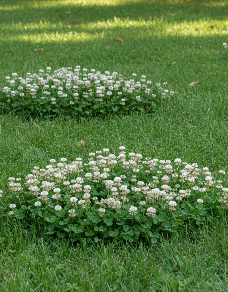 Close-up of a green lawn with patches of white clover, showing a common lawn weed problem.