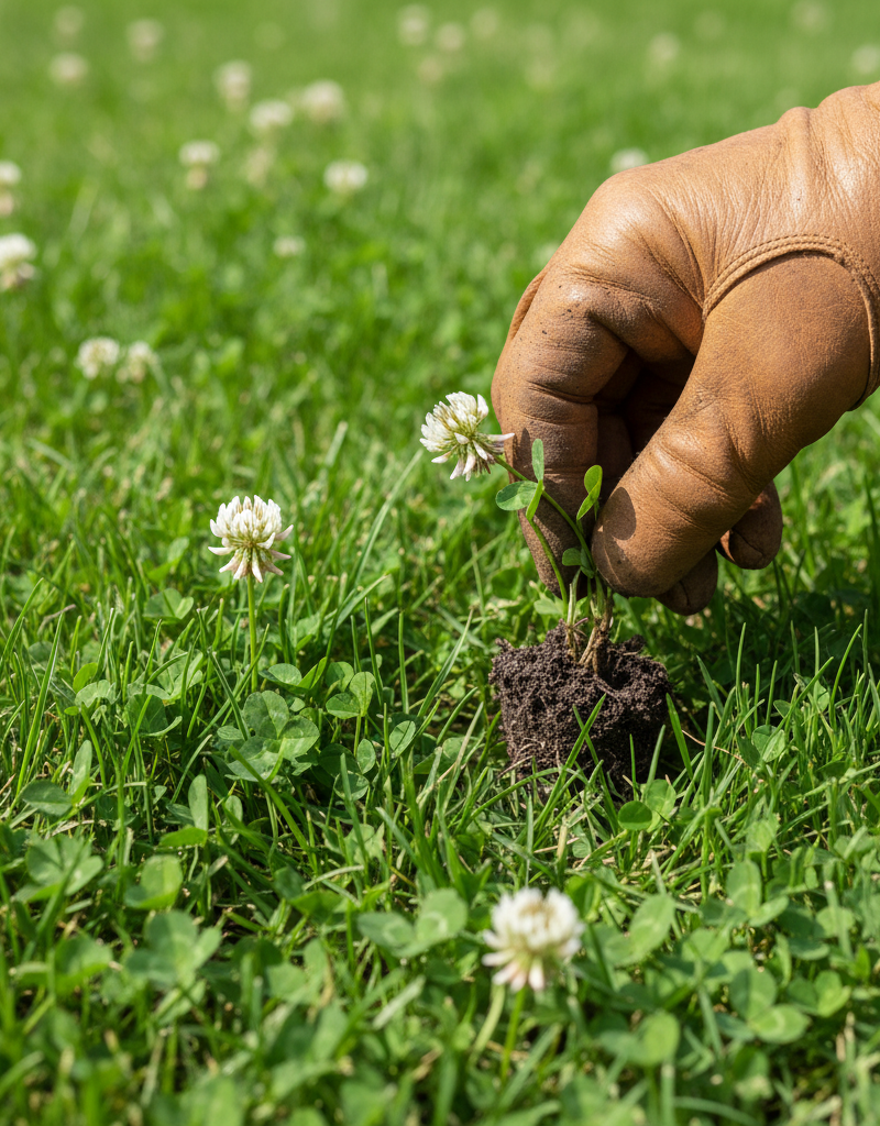 Hand in gardening glove pulling white clover from a healthy green lawn