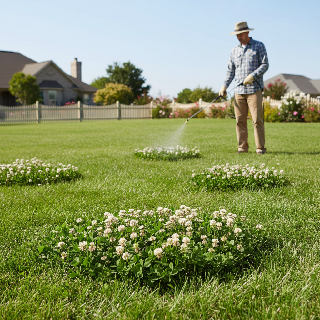 Homeowner eliminating clover from a green lawn with a targeted spray, preserving the surrounding grass.