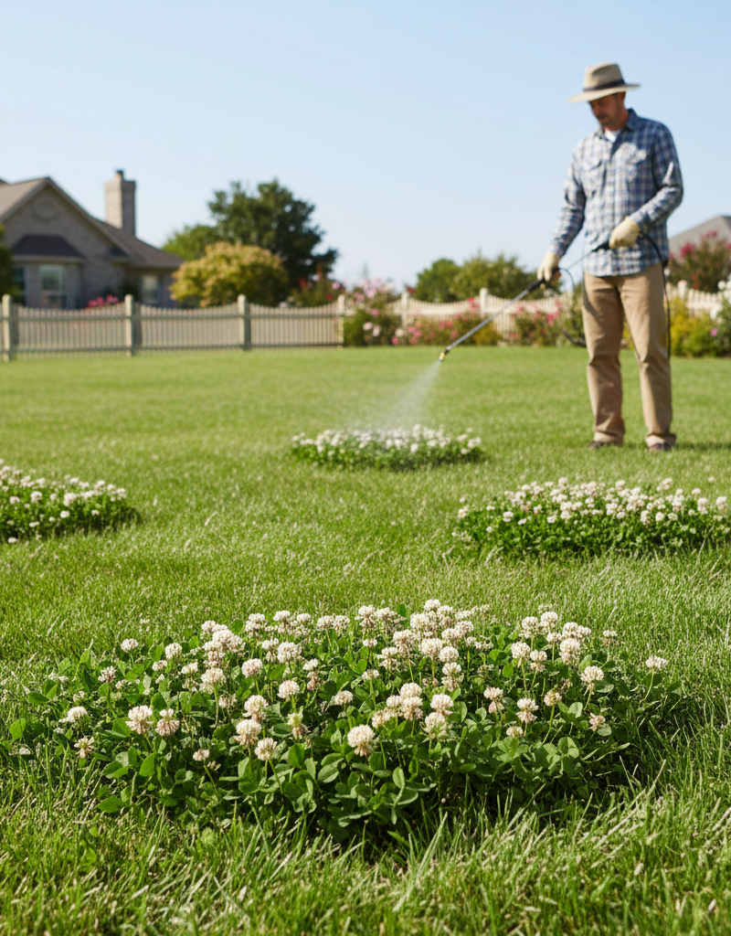 Homeowner eliminating clover from a green lawn with a targeted spray, preserving the surrounding grass.