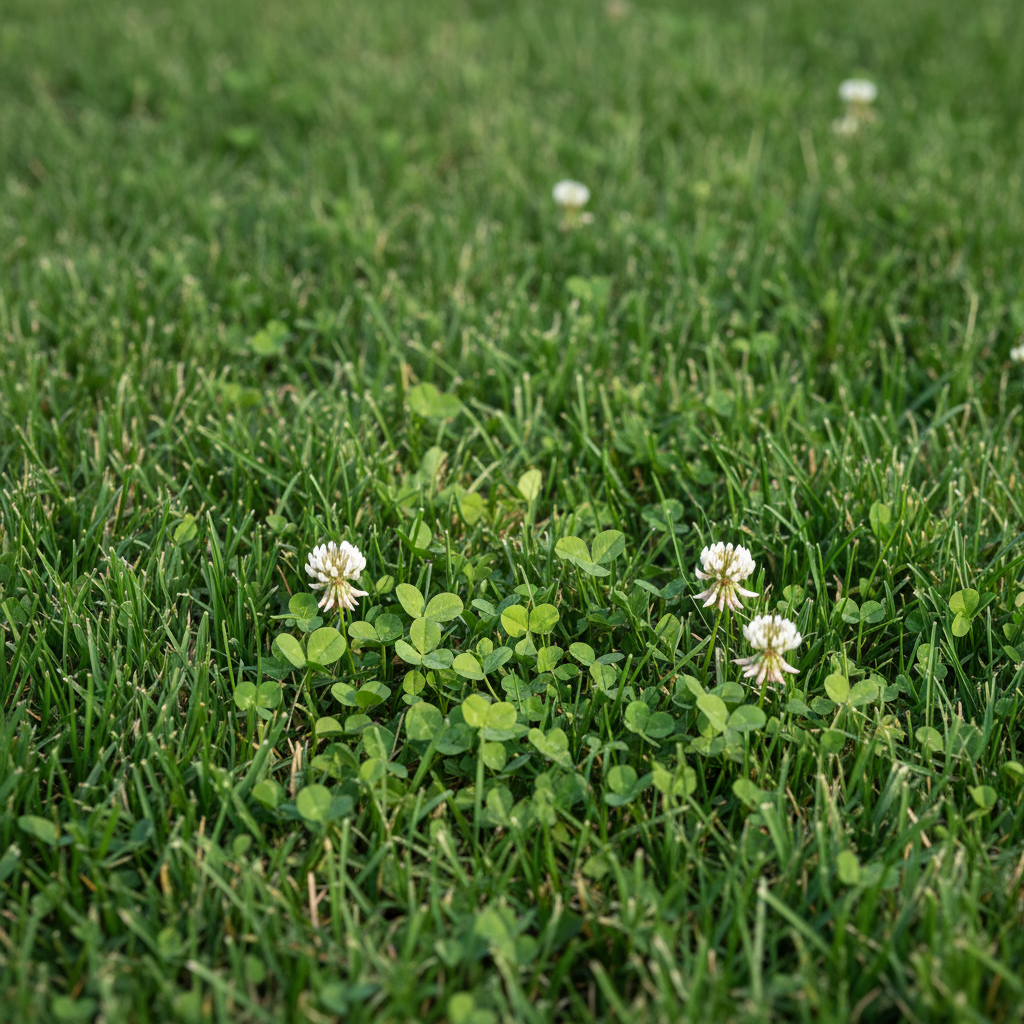 Healthy green lawn with scattered patches of white clover, illustrating the problem of unwanted weeds in turf.