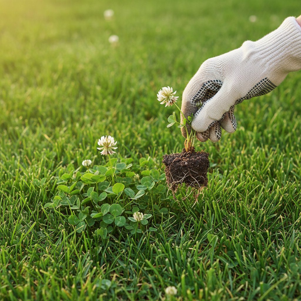 Homeowner's gloved hand carefully pulling a small patch of clover from a lush green lawn, illustrating manual weed removal.